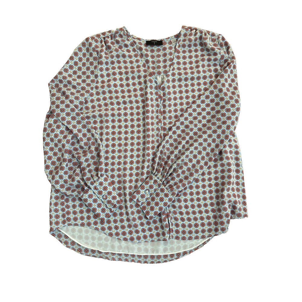 TAHARI Size XL Flowy Split Neck Printed Top Geometric Flower Long Sleeve Lined